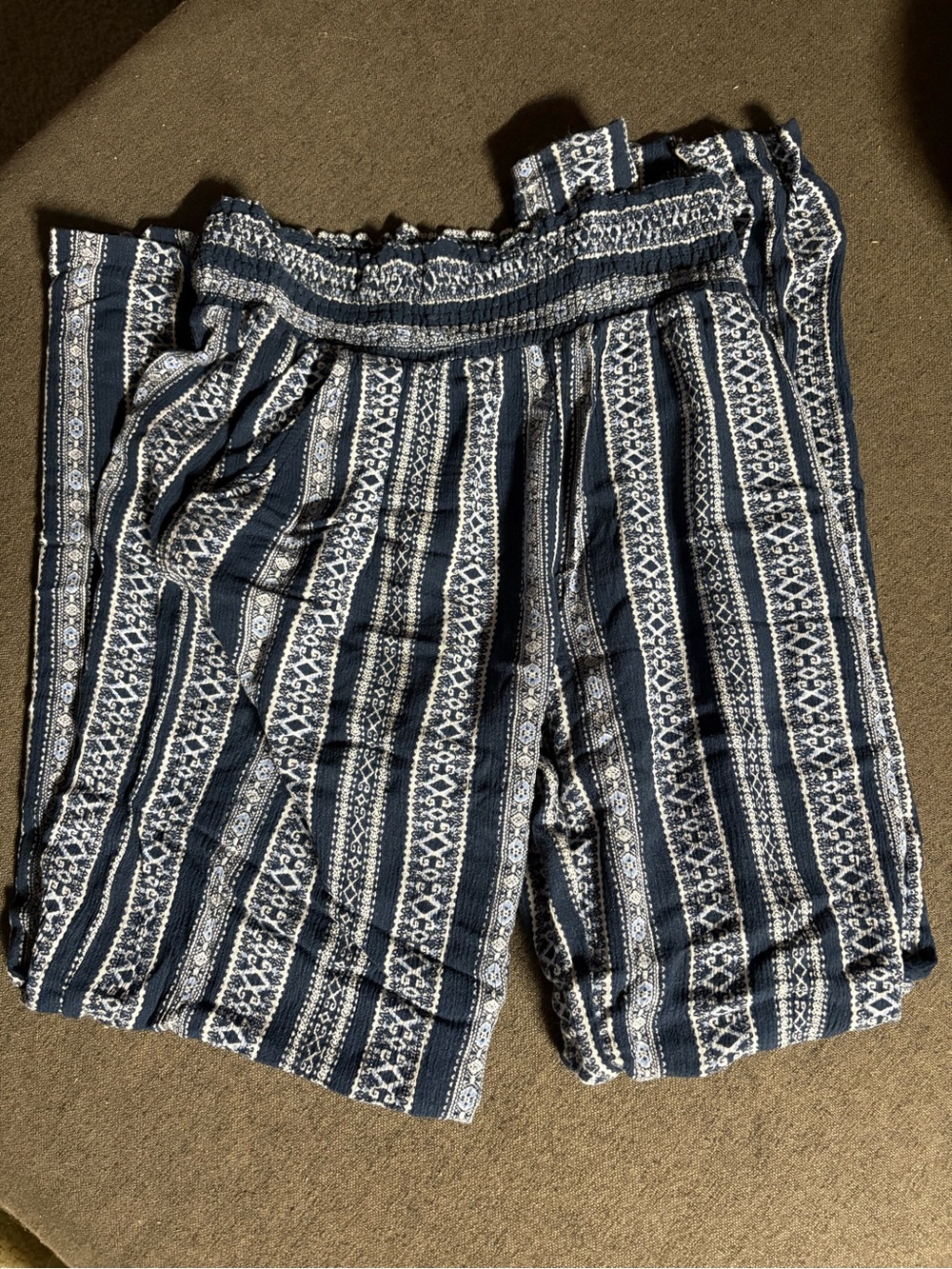 Navy and White Smocked Waist Textured Pants